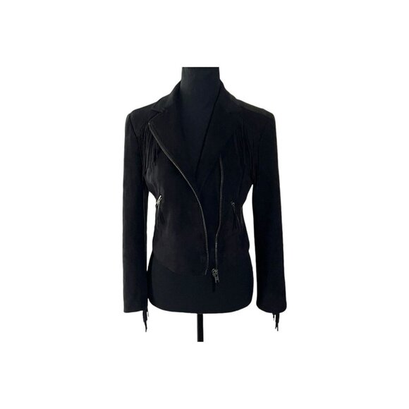 Mural Women's Fringed Faux Suede Cropped Black Moto Jacket Size Small - Picture 3 of 8